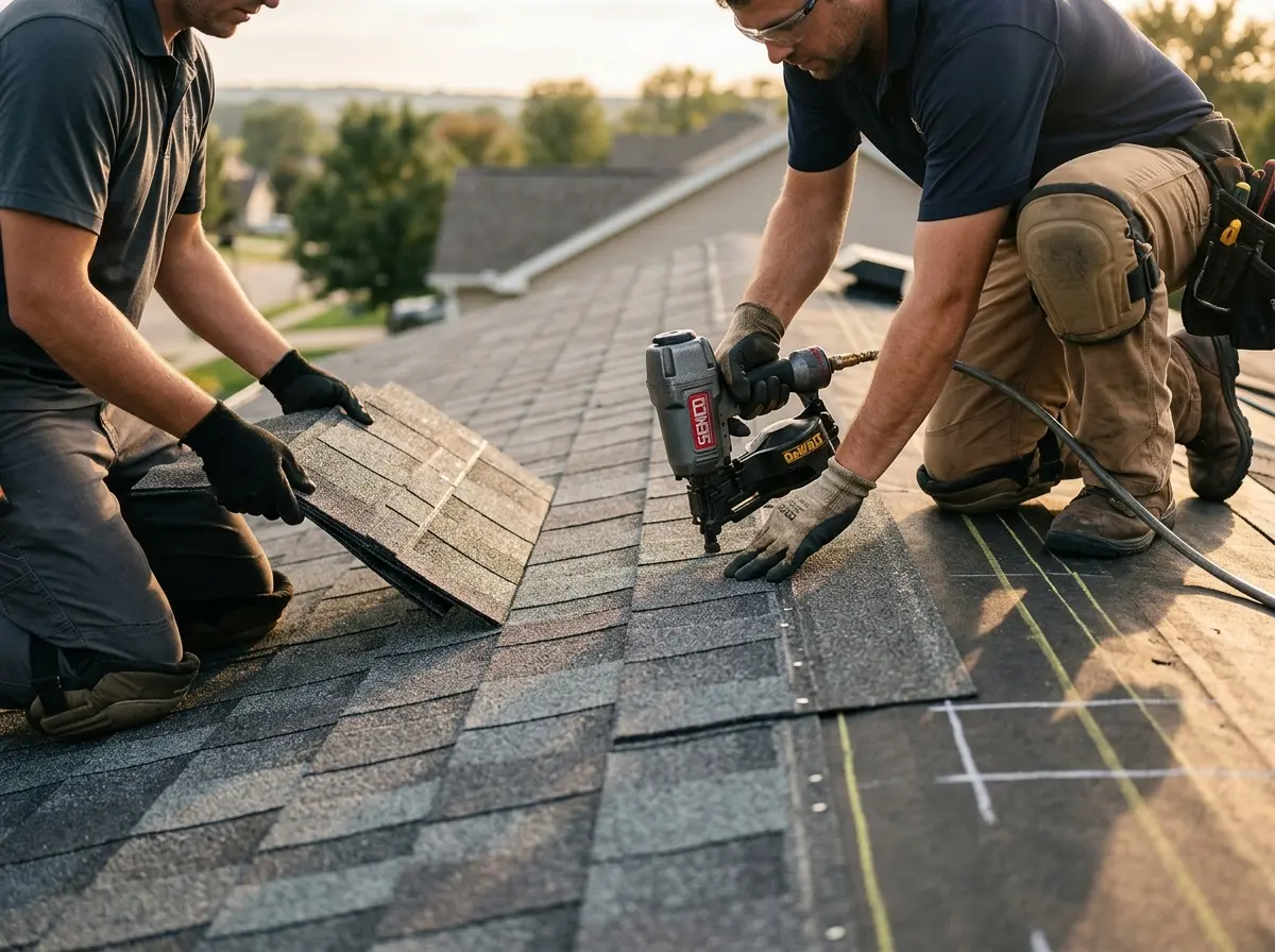 Professional roofer working on a residential roof in Rockingham